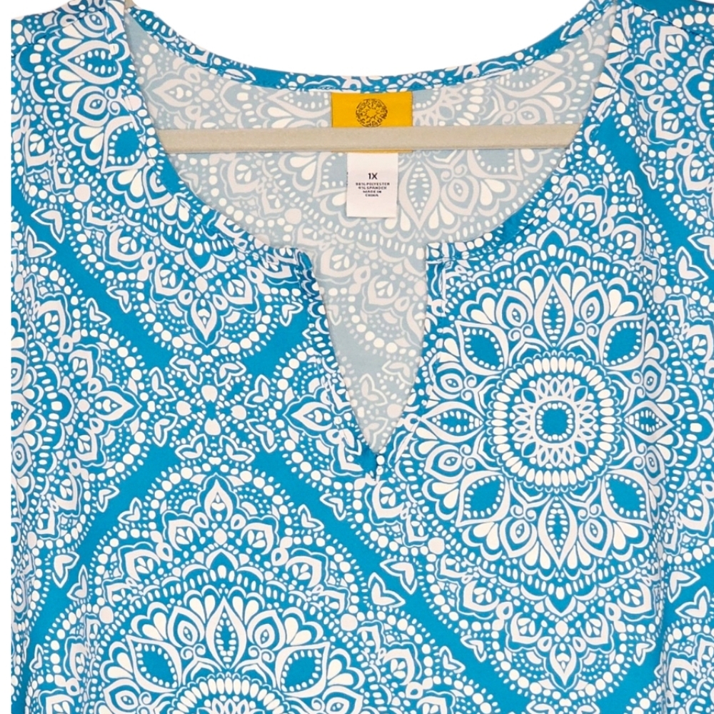 Ruby Rd. Turquoise Medallion Print Split Neck Sho… - image 3